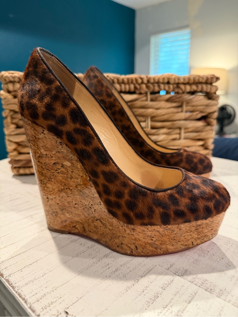 Christian Louboutin Leopard Pony Hair Cork Wedge Heels